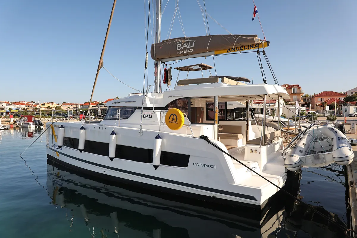 Exterior view of Gonggong, a Bali Catspace catamaran at Grad Trogir, Croatia