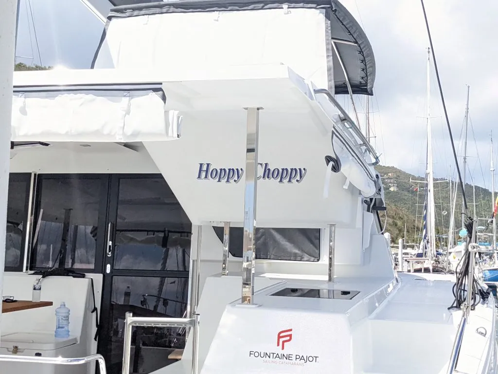 Exterior view of Hoppy Choppy, a Fountaine Pajot Isla 40 catamaran at Road Town, British Virgin Islands