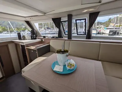 Salon of Hoppy Choppy, a Fountaine Pajot Isla 40 catamaran at Road Town, British Virgin Islands