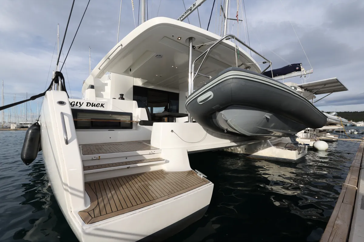 Exterior view of UGLY DUCK, a Lagoon 50 catamaran at Sukošan, Croatia