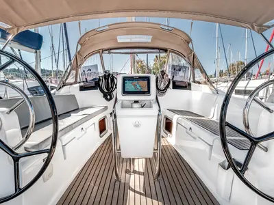 Cockpit of Lionheart, a Jeanneau Sun Odyssey 419 sailboat at Kontokali, Greece