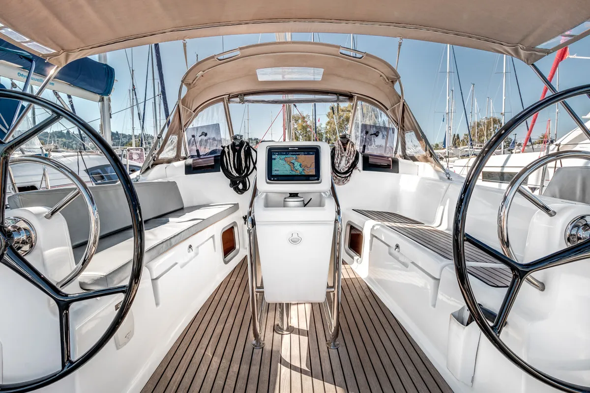 Cockpit of Lionheart, a Jeanneau Sun Odyssey 419 sailboat at Kontokali, Greece
