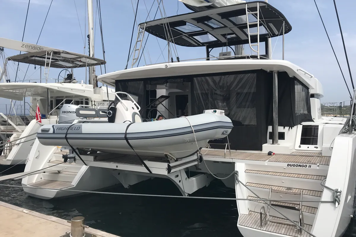 Exterior view of Dugongo II, a Lagoon 52 catamaran at Marigot, France