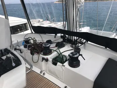 Cockpit of Dugongo II, a Lagoon 52 catamaran at Marigot, France