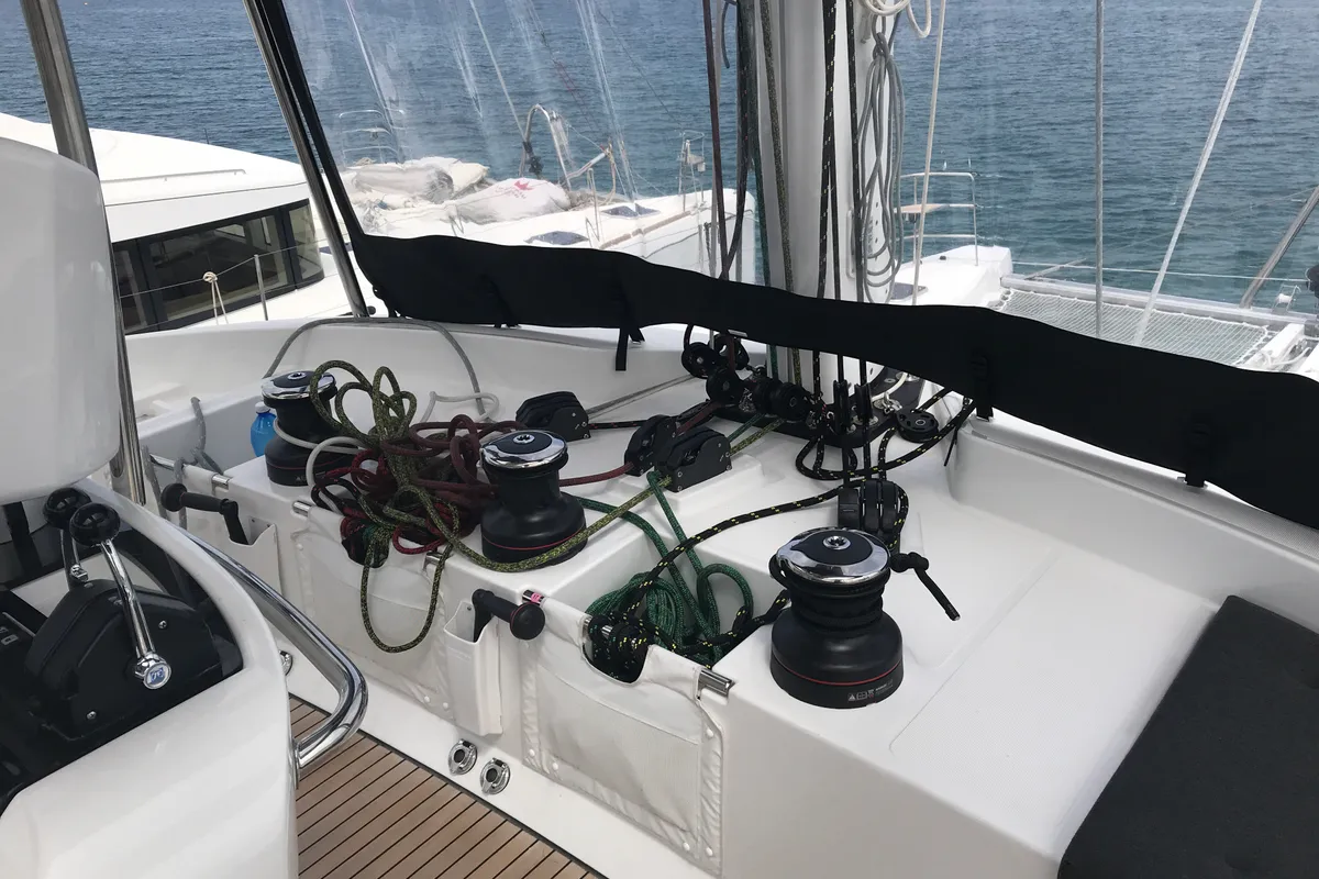 Cockpit of Dugongo II, a Lagoon 52 catamaran at Marigot, France