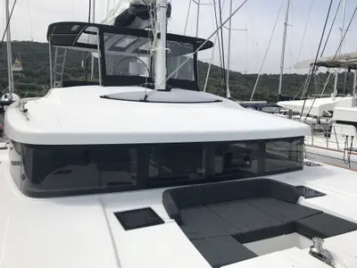 Deck of Dugongo II, a Lagoon 52 catamaran at Marigot, France