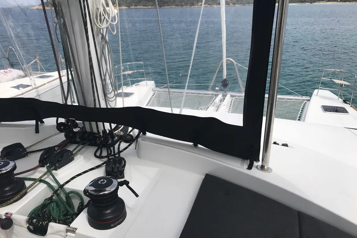 Cockpit of Dugongo II, a Lagoon 52 catamaran at Marigot, France