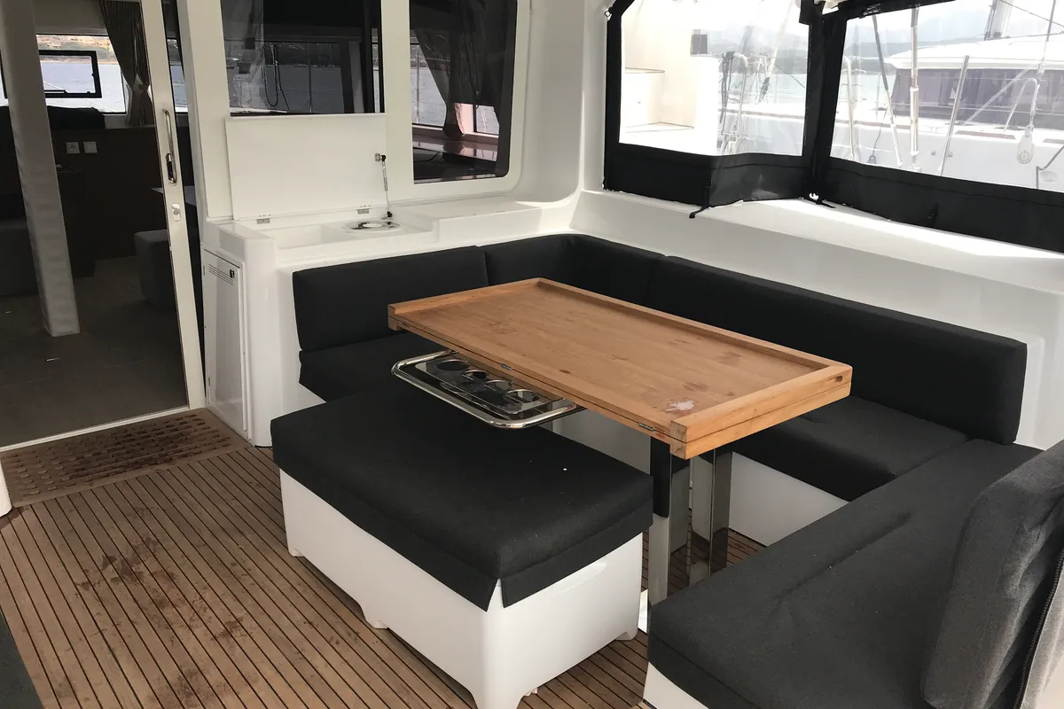 Deck of Dugongo II, a Lagoon 52 catamaran at Marigot, France