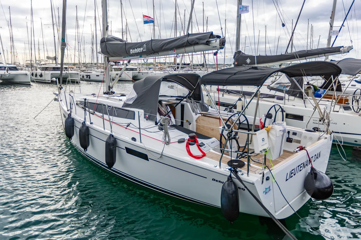 Exterior view of Lieutenant Dan, a Dehler 38 SQ sailboat at Punat, Croatia