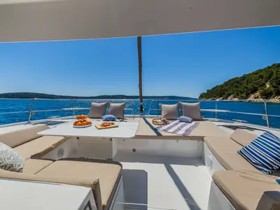 Deck of Selena, a Bali 4.8 catamaran at Municipal Unit of Nea Peramos, Greece