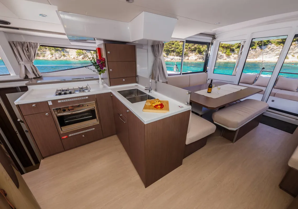 Galley of Selena, a Bali 4.8 catamaran at Municipal Unit of Nea Peramos, Greece