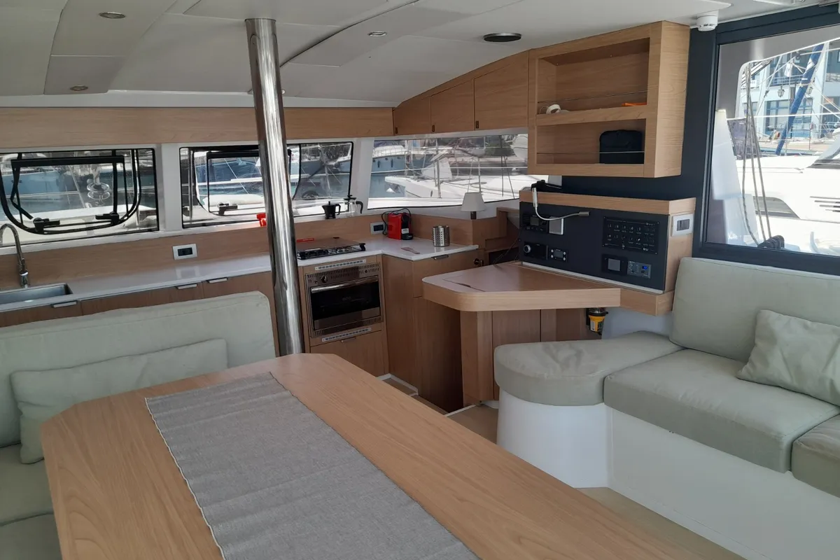 Salon of Marestrella, a Bali Catspace catamaran at Municipal Unit of Lefkada, Greece