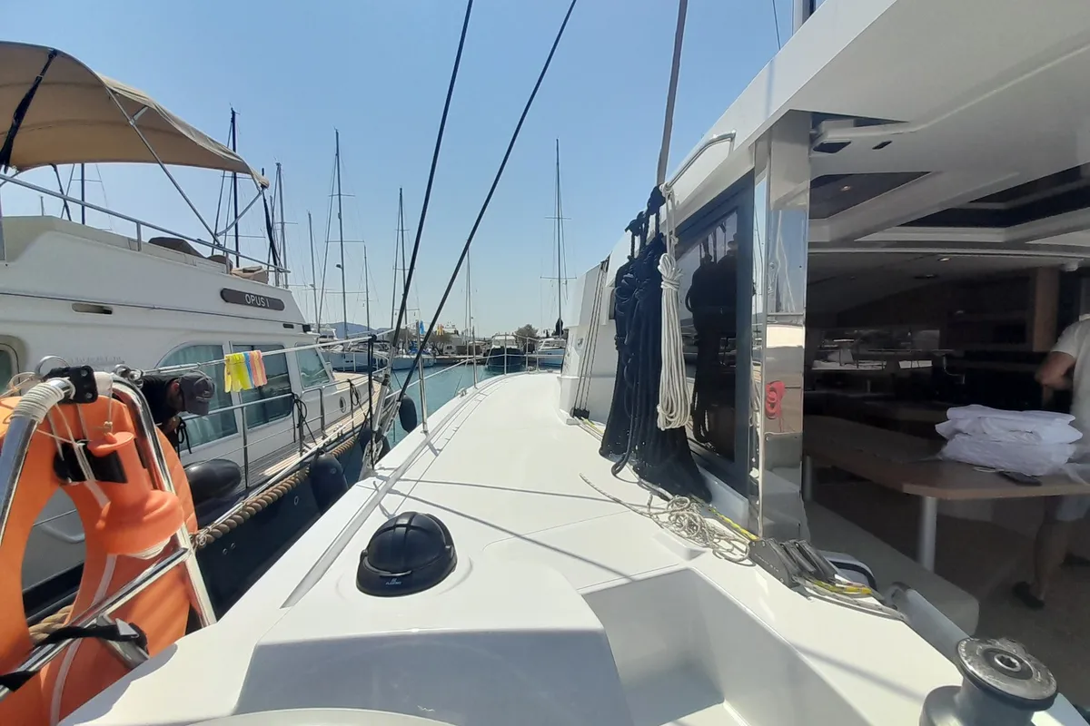 Deck of Marestrella, a Bali Catspace catamaran at Municipal Unit of Lefkada, Greece