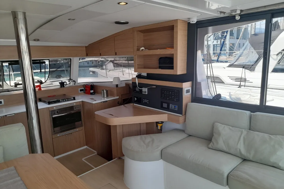 Salon of Marestrella, a Bali Catspace catamaran at Municipal Unit of Lefkada, Greece