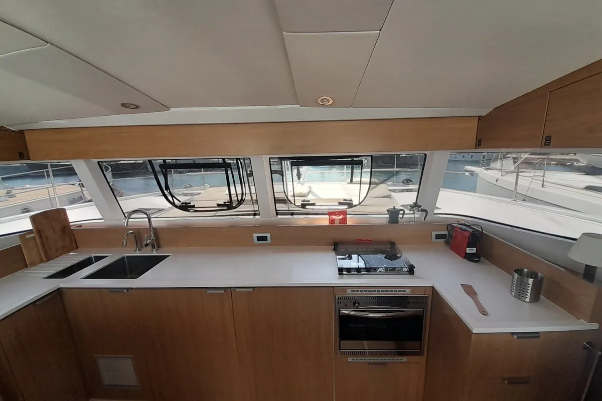 Galley of Marestrella, a Bali Catspace catamaran at Municipal Unit of Lefkada, Greece