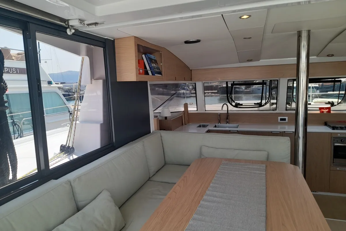 Salon of Marestrella, a Bali Catspace catamaran at Municipal Unit of Lefkada, Greece