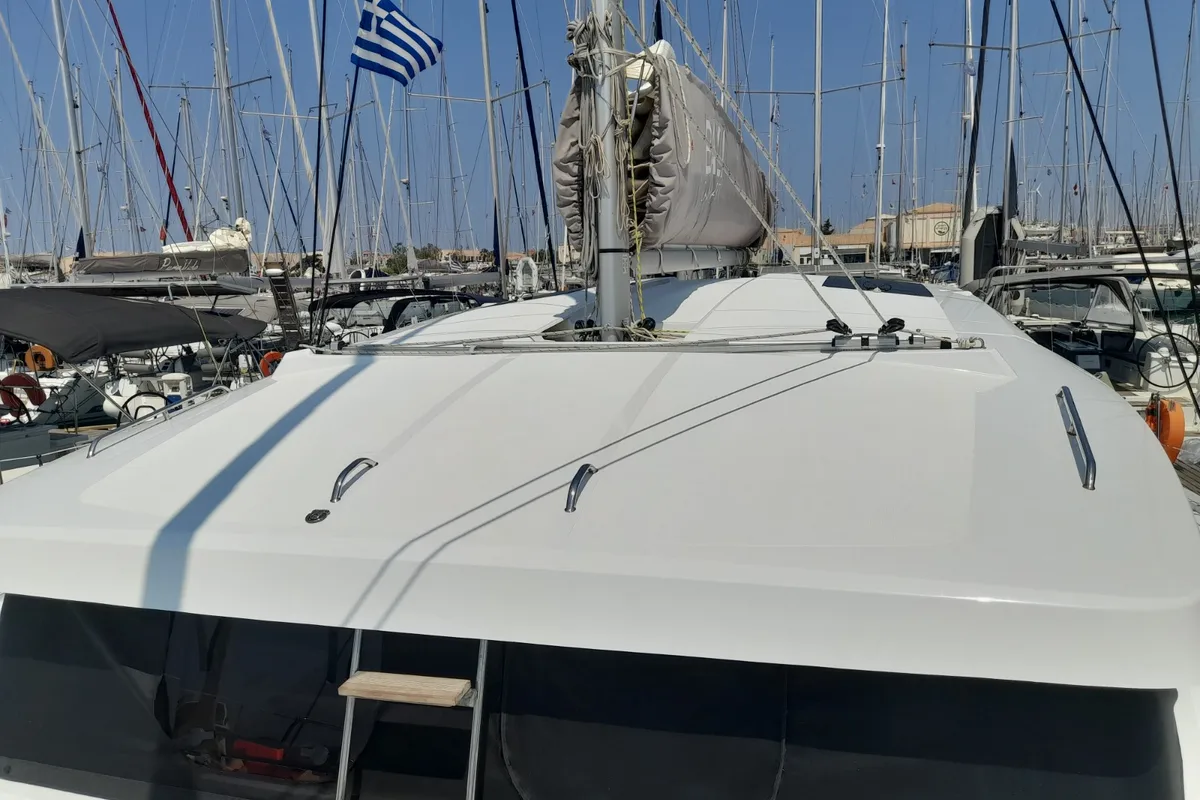 Deck of Marestrella, a Bali Catspace catamaran at Municipal Unit of Lefkada, Greece
