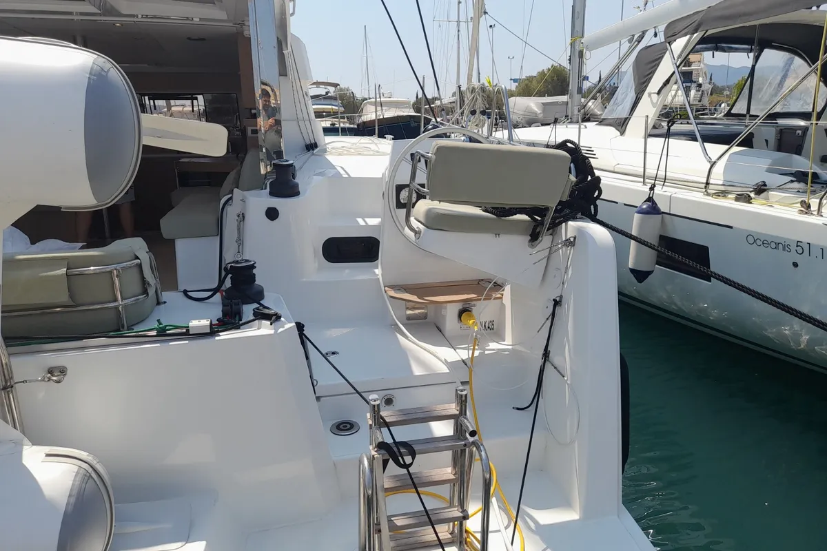 Cockpit of Marestrella, a Bali Catspace catamaran at Municipal Unit of Lefkada, Greece