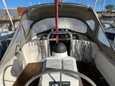 Cockpit of Odysse, a Delphia 31 sailboat at Kerners, France
