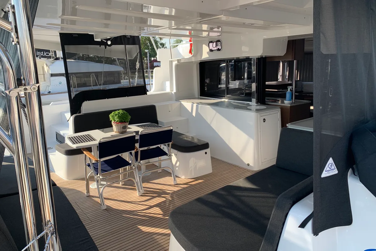 Deck of Diamond Seas, a Lagoon 46 catamaran at Athens, Greece