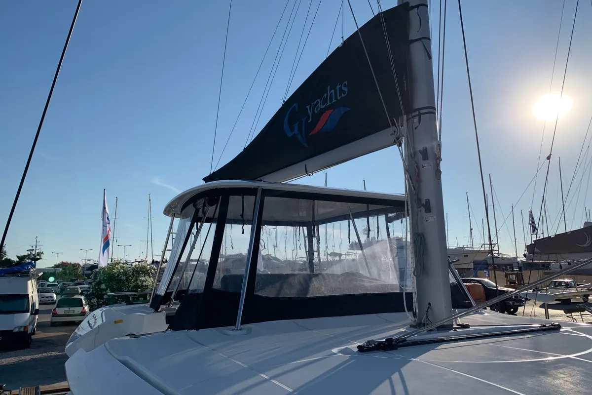 Exterior view of Diamond Seas, a Lagoon 46 catamaran at Athens, Greece