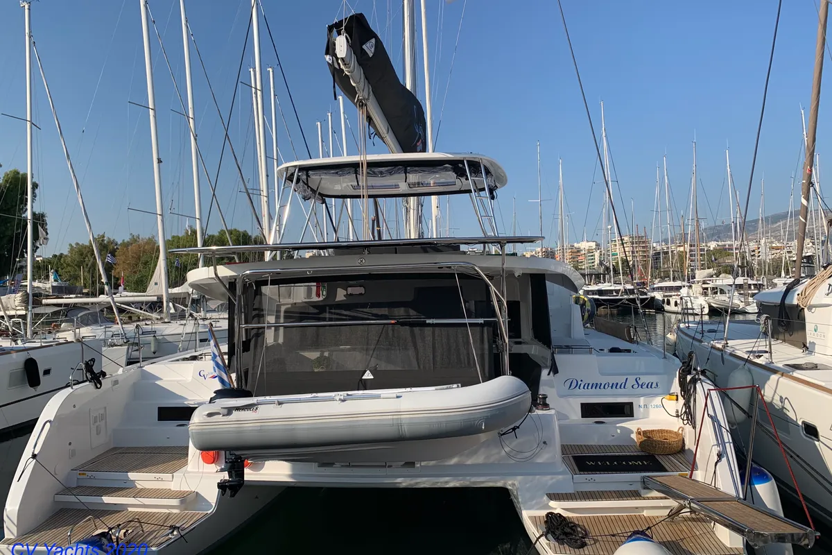 Exterior view of Diamond Seas, a Lagoon 46 catamaran at Athens, Greece
