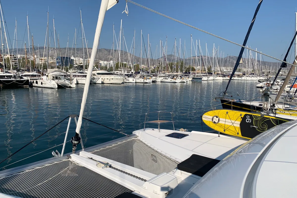 Deck of Diamond Seas, a Lagoon 46 catamaran at Athens, Greece