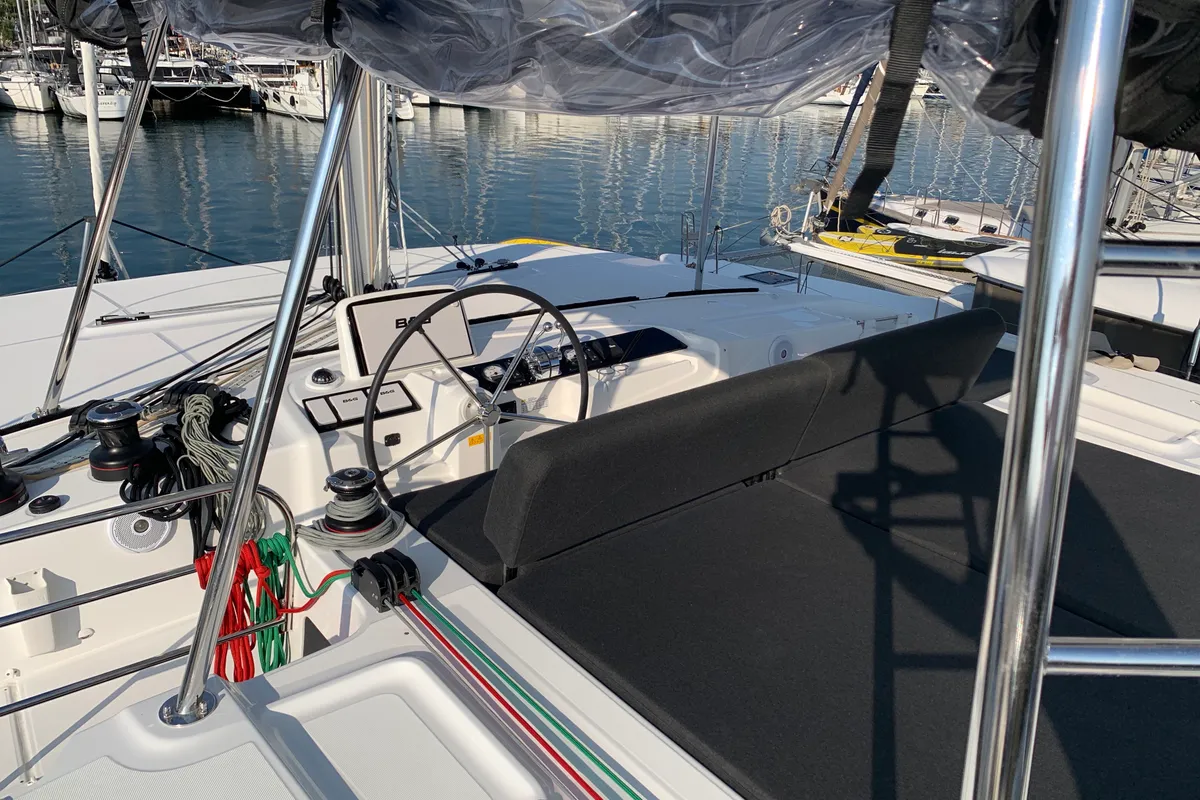 Cockpit of Diamond Seas, a Lagoon 46 catamaran at Athens, Greece
