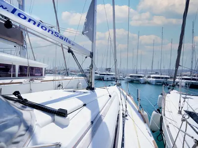 Deck of Amor Fati, a Jeanneau Sun Odyssey 379 sailboat at Municipal Unit of Lefkada, Greece