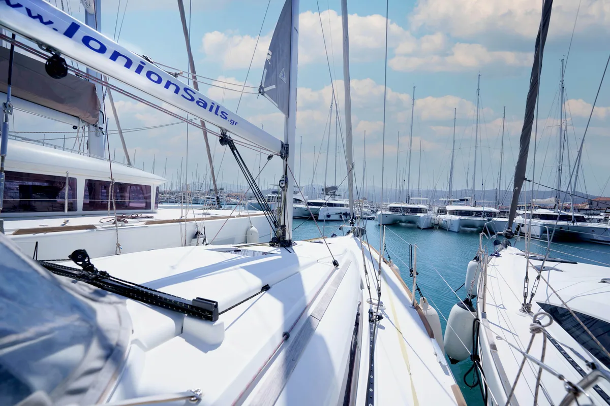 Deck of Amor Fati, a Jeanneau Sun Odyssey 379 sailboat at Municipal Unit of Lefkada, Greece