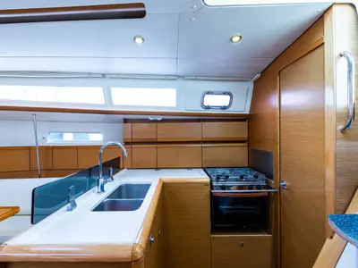 Galley of Amor Fati, a Jeanneau Sun Odyssey 379 sailboat at Municipal Unit of Lefkada, Greece