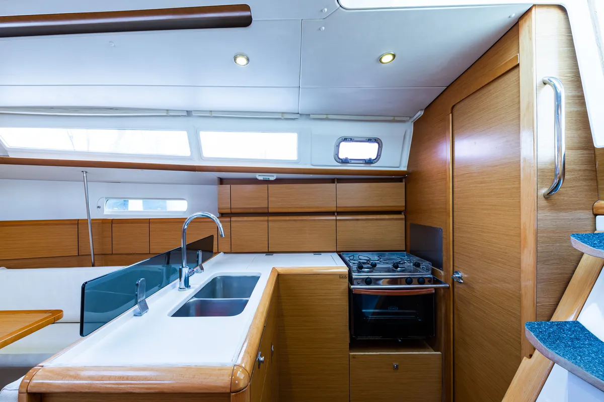 Galley of Amor Fati, a Jeanneau Sun Odyssey 379 sailboat at Municipal Unit of Lefkada, Greece