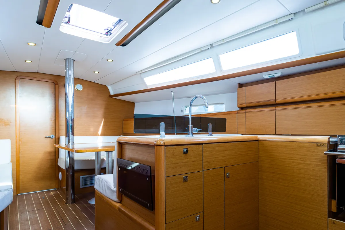 Galley of Amor Fati, a Jeanneau Sun Odyssey 379 sailboat at Municipal Unit of Lefkada, Greece