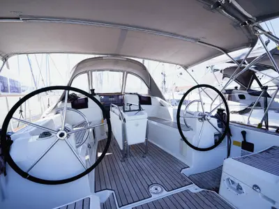 Cockpit of Amor Fati, a Jeanneau Sun Odyssey 379 sailboat at Municipal Unit of Lefkada, Greece