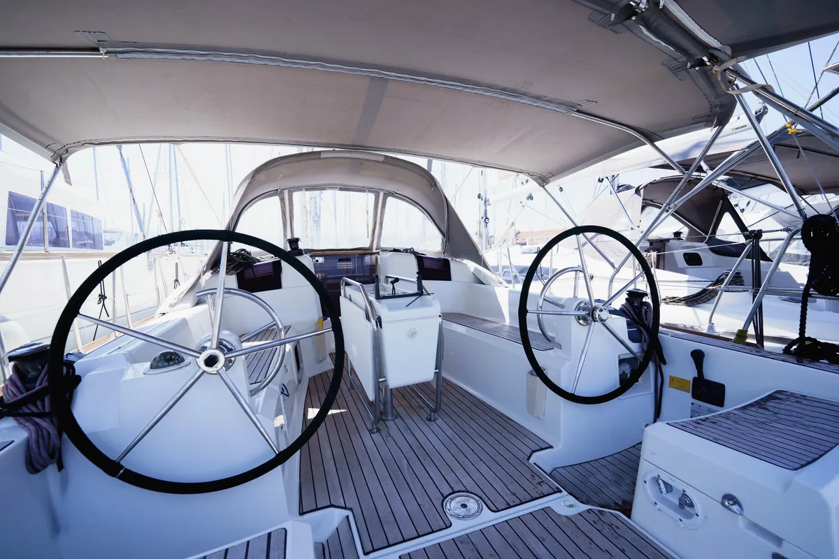 Cockpit of Amor Fati, a Jeanneau Sun Odyssey 379 sailboat at Municipal Unit of Lefkada, Greece