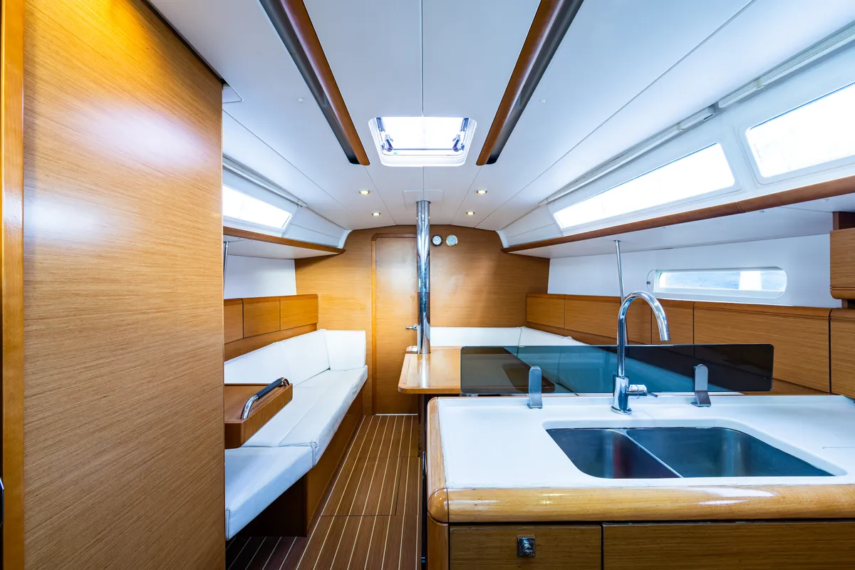 Galley of Amor Fati, a Jeanneau Sun Odyssey 379 sailboat at Municipal Unit of Lefkada, Greece