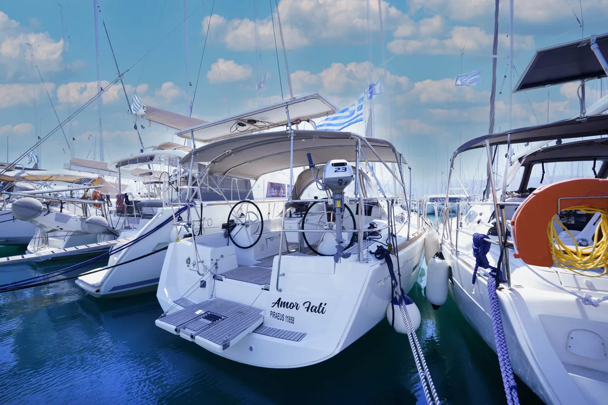 Exterior view of Amor Fati, a Jeanneau Sun Odyssey 379 sailboat at Municipal Unit of Lefkada, Greece