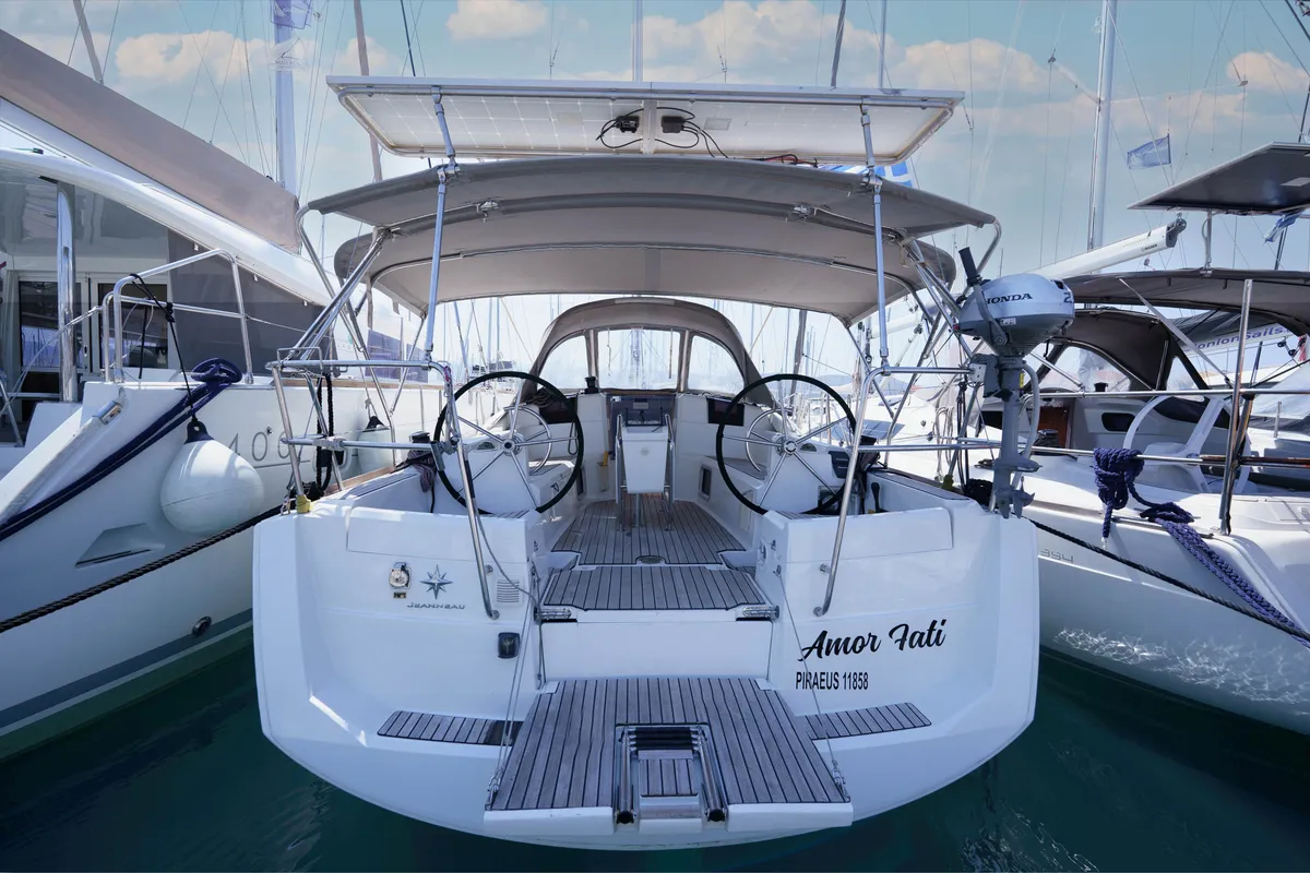 Exterior view of Amor Fati, a Jeanneau Sun Odyssey 379 sailboat at Municipal Unit of Lefkada, Greece