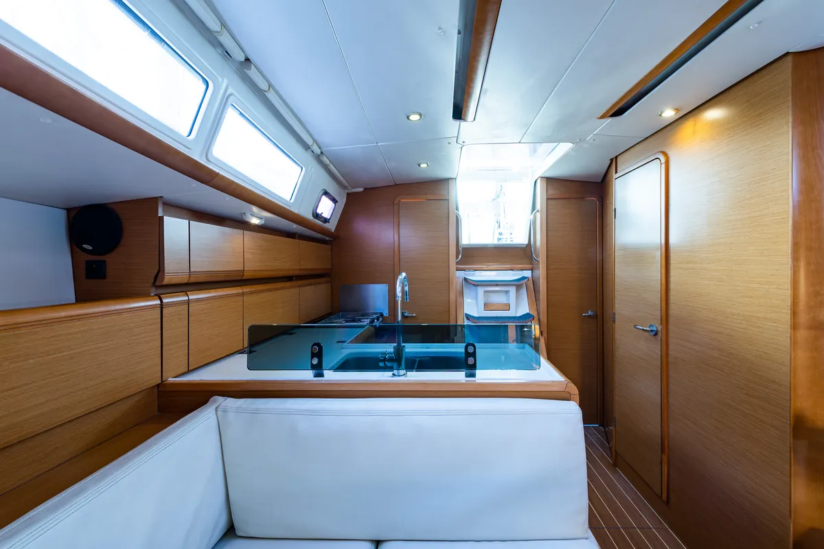Galley of Amor Fati, a Jeanneau Sun Odyssey 379 sailboat at Municipal Unit of Lefkada, Greece