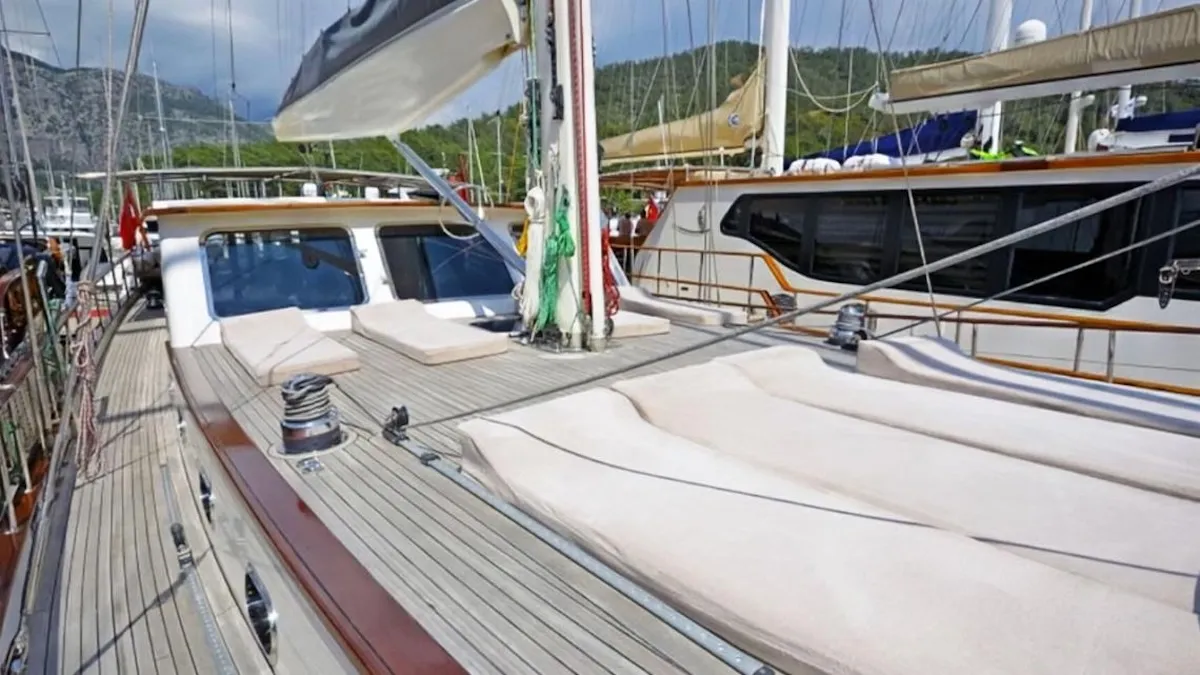 Deck of Gulet Custom built 183, a sailboat at Bodrum, Turkey