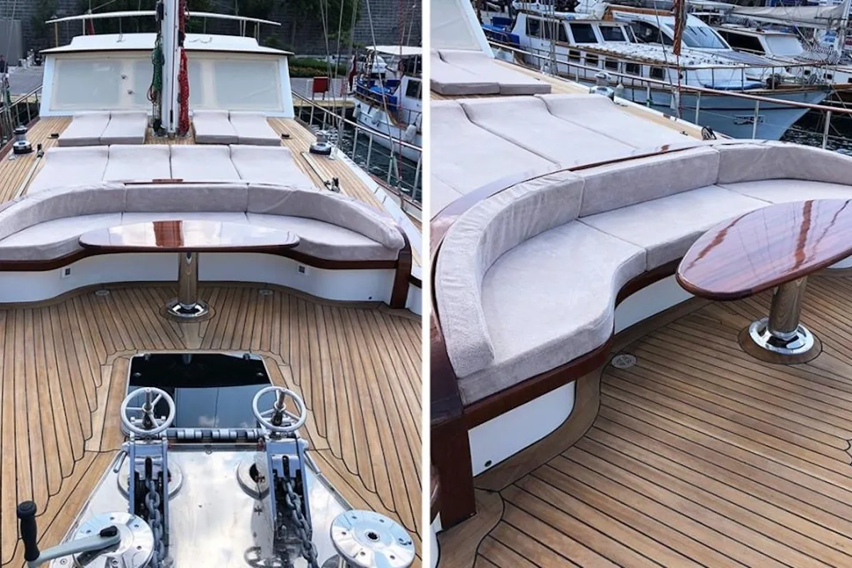 Deck of Gulet Custom built 183, a sailboat at Bodrum, Turkey