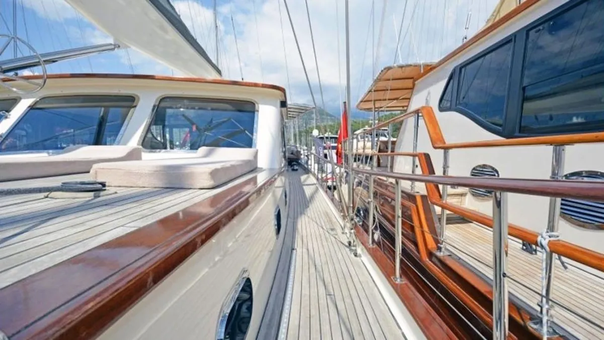 Deck of Gulet Custom built 183, a sailboat at Bodrum, Turkey
