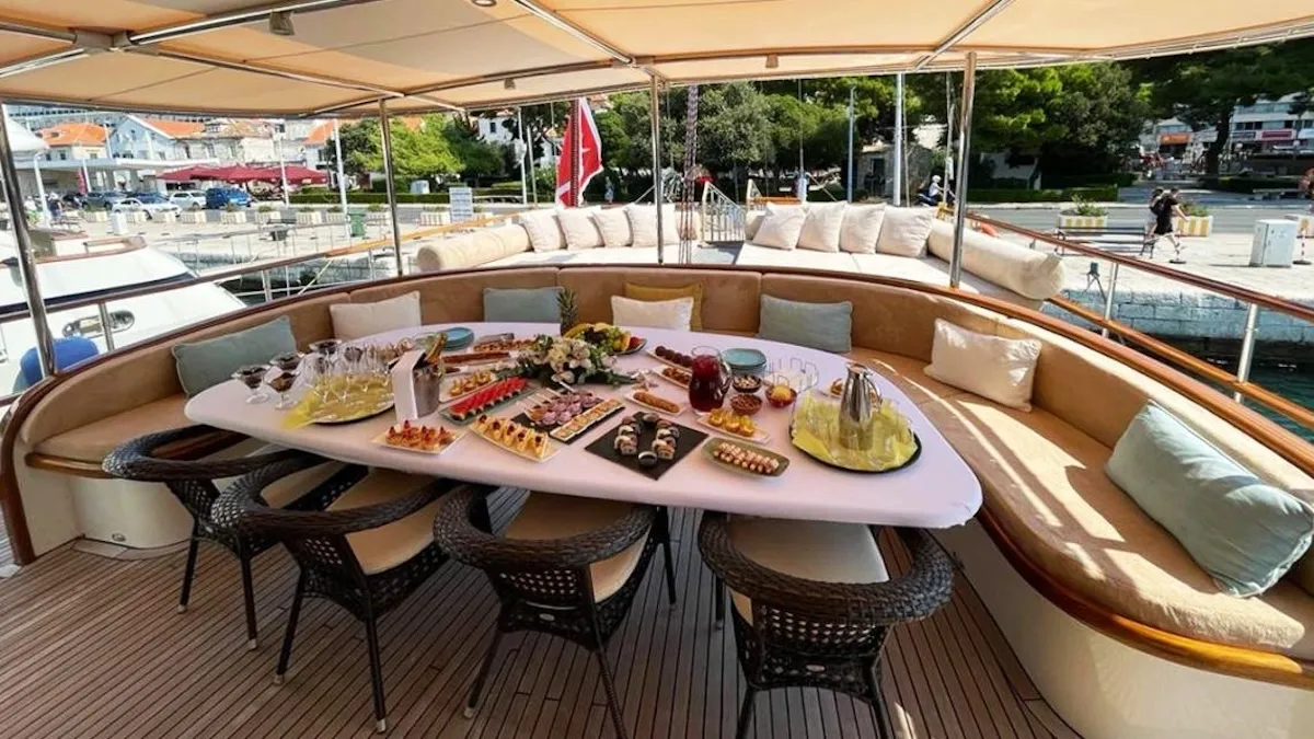 Deck of Gulet Custom built 183, a sailboat at Bodrum, Turkey