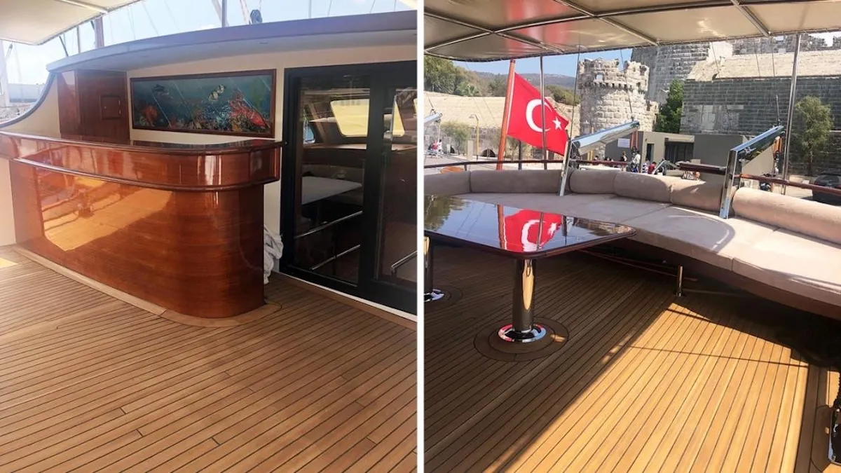 Deck of Gulet Custom built 183, a sailboat at Bodrum, Turkey
