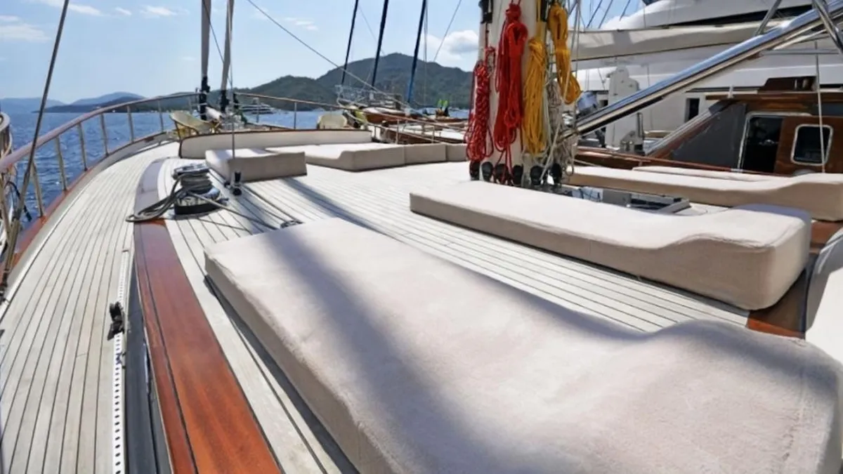 Deck of Gulet Custom built 183, a sailboat at Bodrum, Turkey