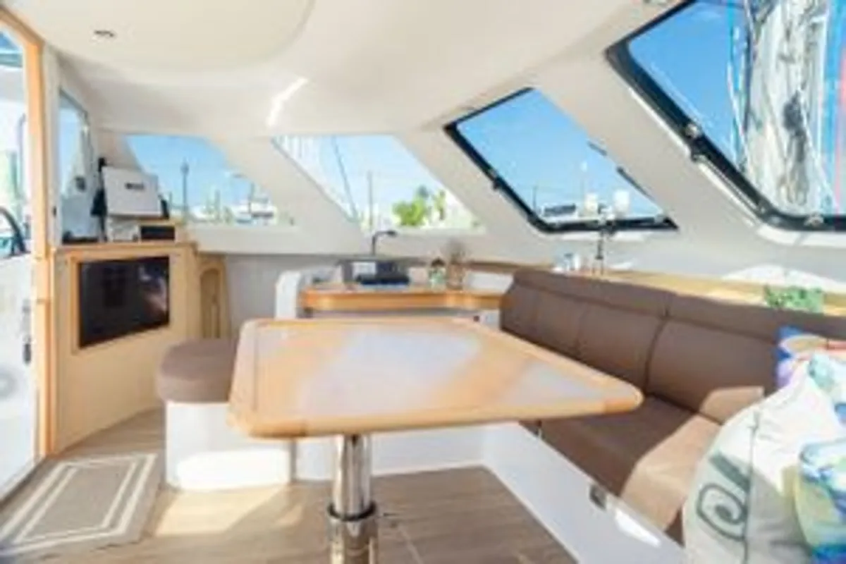 Salon of Imi Ola, a Seawind 1260 catamaran at Central Abaco, Bahamas
