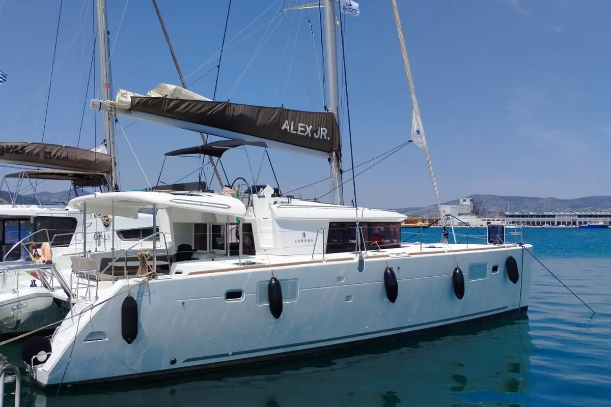 Exterior view of Alex Jr., a Lagoon 450 Fly catamaran at Volos, Greece