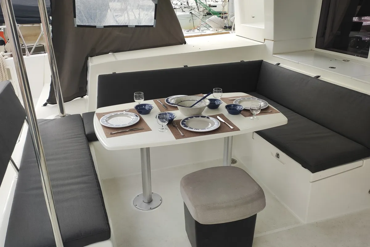 Deck of Alex Jr., a Lagoon 450 Fly catamaran at Volos, Greece
