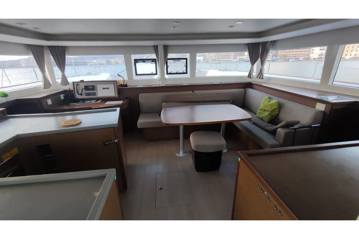 Salon of Alex Jr., a Lagoon 450 Fly catamaran at Volos, Greece