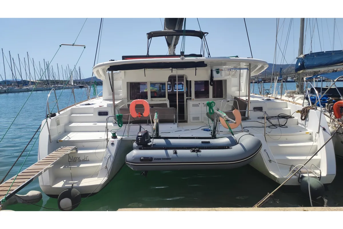 Exterior view of Alex Jr., a Lagoon 450 Fly catamaran at Volos, Greece